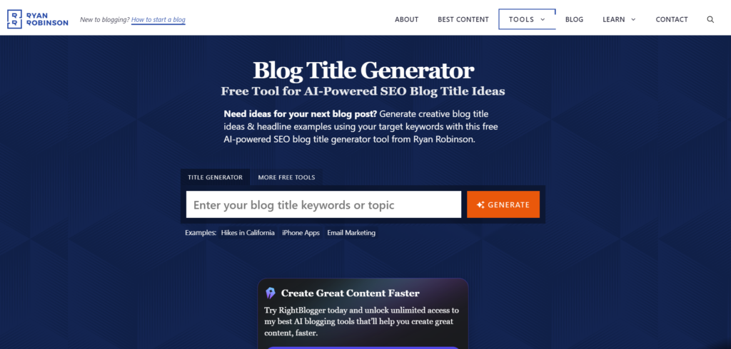 Free Tool for AI-Powered SEO Blog Title Ideas. Blog Title Generator by Ryan Robinson (Ryrob)