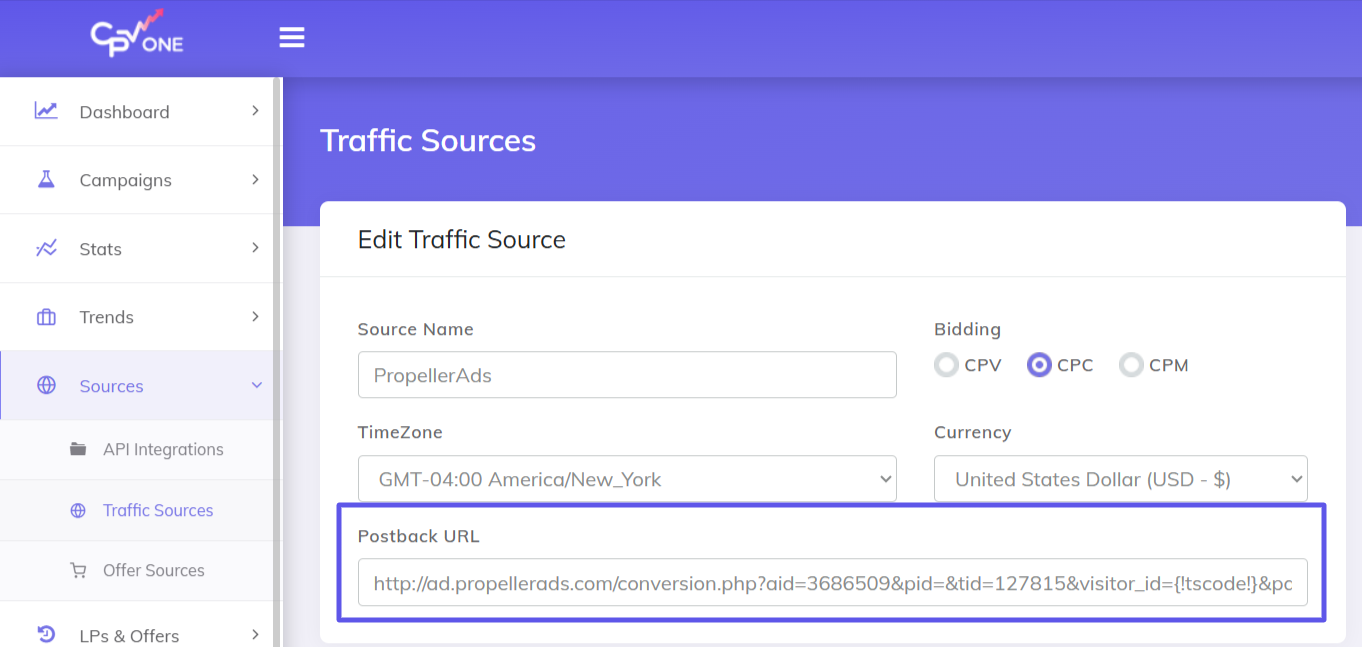 CPV One - Postback URL
